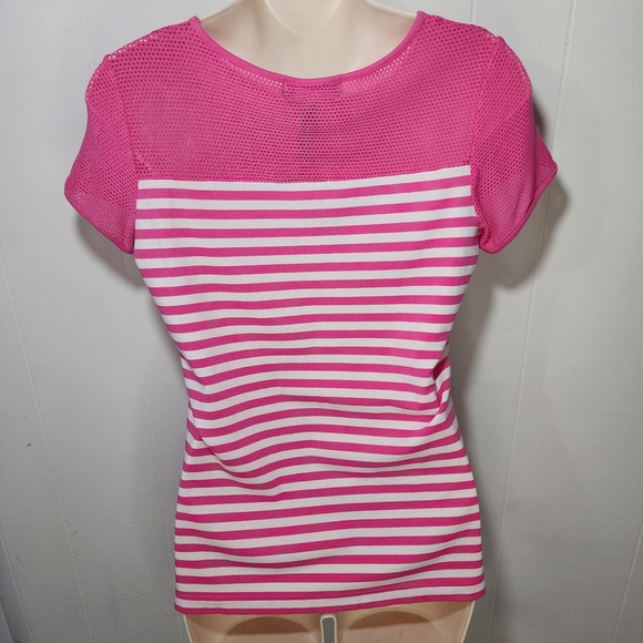 L-RL Lauren Active, Ralph Lauren Pink Fishnet Tshirt With Stripes - Picture 3 of 7